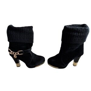 Vero Cuoio Women's Suede Knit Boots BLK Gold Trim Buckle Size 8  4"Heel H 12"